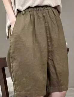 Online Women's Linen-Inspired Shorts Cotton Linen Pants Culottes Wide Leg Fashion Streetwear Knee Length Medium Waist Plain Pocket Elastic Waistband Comfy Soft Comfortable Micro-elastic Outdoor Street Women Pants