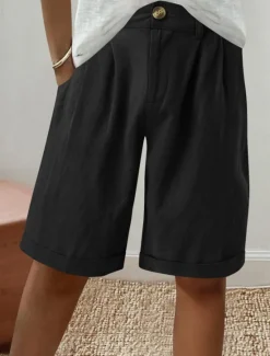 Discount Women's Linen-Inspired Shorts Shorts Slacks Fashion Streetwear Short Natural Plain Pocket Buckle Comfy Outdoor Comfortable Holiday Weekend Apricot Grey Black White Summer Regular Fit Women Pants