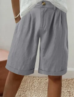 Discount Women's Linen-Inspired Shorts Shorts Slacks Fashion Streetwear Short Natural Plain Pocket Buckle Comfy Outdoor Comfortable Holiday Weekend Apricot Grey Black White Summer Regular Fit Women Pants