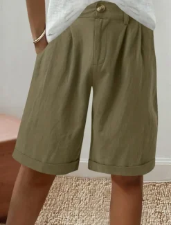 Discount Women's Linen-Inspired Shorts Shorts Slacks Fashion Streetwear Short Natural Plain Pocket Buckle Comfy Outdoor Comfortable Holiday Weekend Apricot Grey Black White Summer Regular Fit Women Pants
