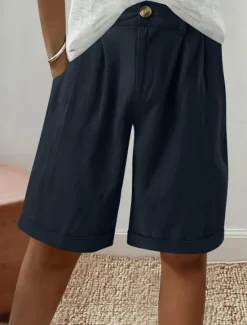 Discount Women's Linen-Inspired Shorts Shorts Slacks Fashion Streetwear Short Natural Plain Pocket Buckle Comfy Outdoor Comfortable Holiday Weekend Apricot Grey Black White Summer Regular Fit Women Pants