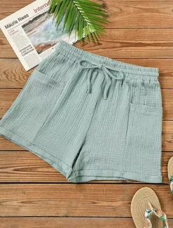 New Women's Linen-Inspired Shorts Chinos Shorts Basic Casual Short High Waist Plain Pocket Elastic Drawstring Design High Cut Breathability Soft Micro-elastic Casual Daily Weekend Pink Light Green Women Pants