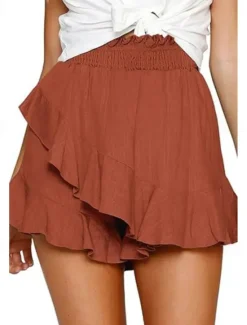 Hot Women's Linen-Inspired Shorts Shorts Slacks Streetwear Casual Short Natural Plain Ruffle Elastic Waist Comfy Breathability Outdoor Outdoor Going out Beach claret Rust Navy Light Sky Blue Summer Women Pants