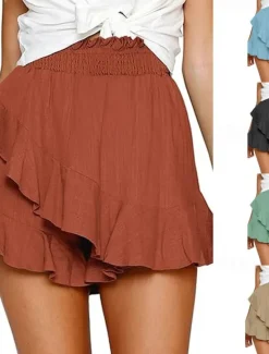 Hot Women's Linen-Inspired Shorts Shorts Slacks Streetwear Casual Short Natural Plain Ruffle Elastic Waist Comfy Breathability Outdoor Outdoor Going out Beach claret Rust Navy Light Sky Blue Summer Women Pants