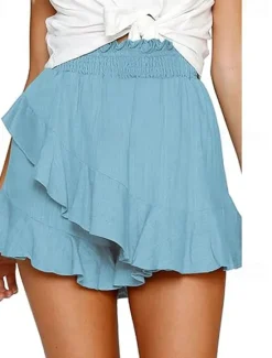 Hot Women's Linen-Inspired Shorts Shorts Slacks Streetwear Casual Short Natural Plain Ruffle Elastic Waist Comfy Breathability Outdoor Outdoor Going out Beach claret Rust Navy Light Sky Blue Summer Women Pants