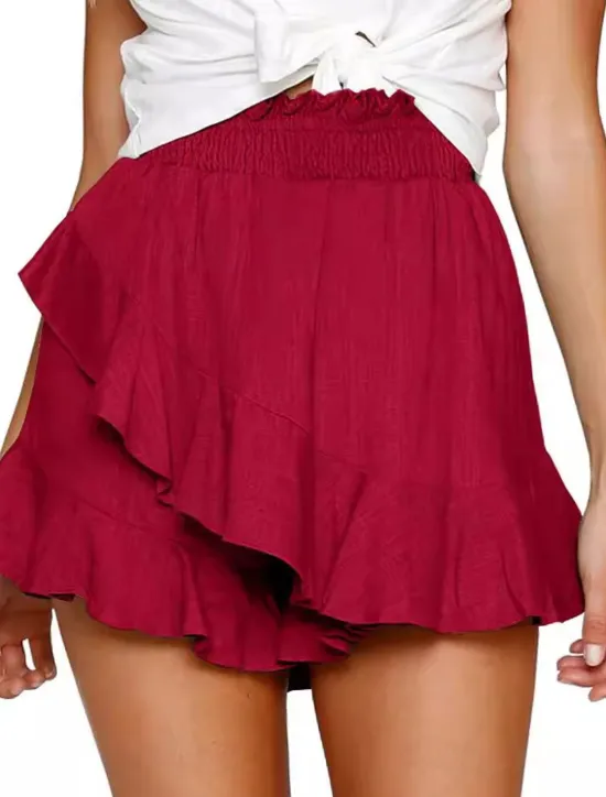 Hot Women's Linen-Inspired Shorts Shorts Slacks Streetwear Casual Short Natural Plain Ruffle Elastic Waist Comfy Breathability Outdoor Outdoor Going out Beach claret Rust Navy Light Sky Blue Summer Women Pants