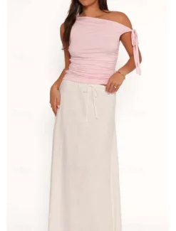 Women's Linen-Inspired Skirts Casual Maxi Mid Rise Plain Drawstring Micro-elastic Vacation Street White Pink Summer Cotton Women Skirts