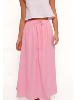 Women's Linen-Inspired Skirts Casual Maxi Mid Rise Plain Drawstring Micro-elastic Vacation Street White Pink Summer Cotton Women Skirts