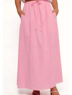 Women's Linen-Inspired Skirts Casual Maxi Mid Rise Plain Drawstring Micro-elastic Vacation Street White Pink Summer Cotton Women Skirts