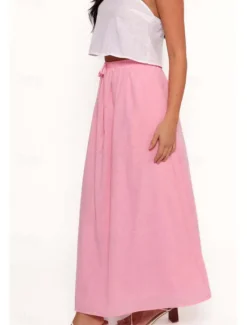 Women's Linen-Inspired Skirts Casual Maxi Mid Rise Plain Drawstring Micro-elastic Vacation Street White Pink Summer Cotton Women Skirts