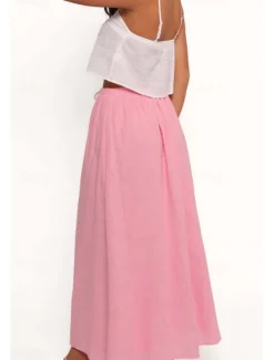 Women's Linen-Inspired Skirts Casual Maxi Mid Rise Plain Drawstring Micro-elastic Vacation Street White Pink Summer Cotton Women Skirts