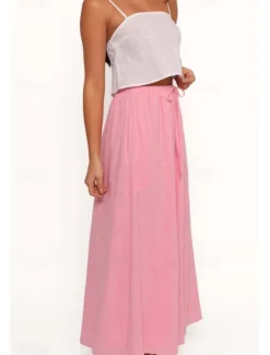 Women's Linen-Inspired Skirts Casual Maxi Mid Rise Plain Drawstring Micro-elastic Vacation Street White Pink Summer Cotton Women Skirts