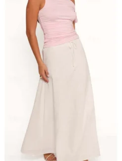 Women's Linen-Inspired Skirts Casual Maxi Mid Rise Plain Drawstring Micro-elastic Vacation Street White Pink Summer Cotton Women Skirts