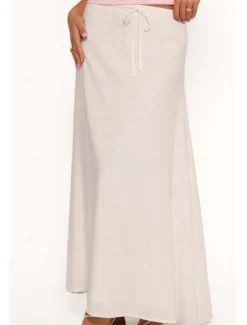 Women's Linen-Inspired Skirts Casual Maxi Mid Rise Plain Drawstring Micro-elastic Vacation Street White Pink Summer Cotton Women Skirts