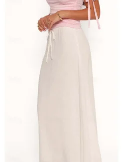 Women's Linen-Inspired Skirts Casual Maxi Mid Rise Plain Drawstring Micro-elastic Vacation Street White Pink Summer Cotton Women Skirts