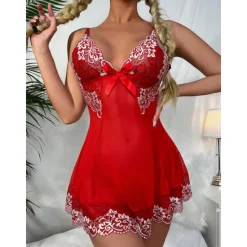 Discount Women's Lingerie Babydoll V-Neck Satin Bow Sleeveless Sheer Lace Floral Intimate Nightwear Romantic Elegant Home Outfits Women Lingerie