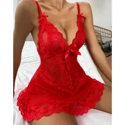 Sale Women's Lingerie Babydoll Lace Sheer Adjustable Strap Seductive Nightwear Red Bow Accented Intimate Apparel Home Outfits Women Sleepwear|Lingerie