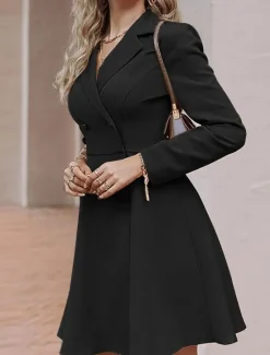 Hot Women's Little Black Dress Blazer Dress Elegant Workfashion Mini Dress Button Lapel Long Sleeve Plain Regular Fit Black Blue Khaki Spring Fall S M L XL Women Work Dresses