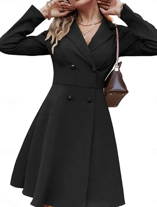 Hot Women's Little Black Dress Blazer Dress Elegant Workfashion Mini Dress Button Lapel Long Sleeve Plain Regular Fit Black Blue Khaki Spring Fall S M L XL Women Work Dresses