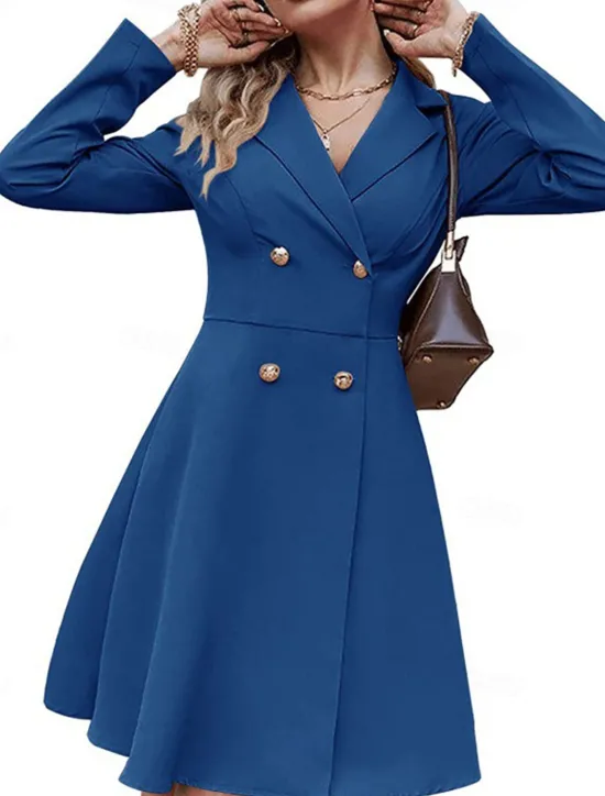 Hot Women's Little Black Dress Blazer Dress Elegant Workfashion Mini Dress Button Lapel Long Sleeve Plain Regular Fit Black Blue Khaki Spring Fall S M L XL Women Work Dresses