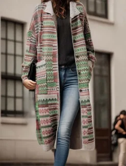 Online Women's Long Cardigan Collared Knit Pocket Fall Winter Outdoor Cool Stylish Vintage Style Long Sleeve Geometric Striped Women Cardigans & Outerwears