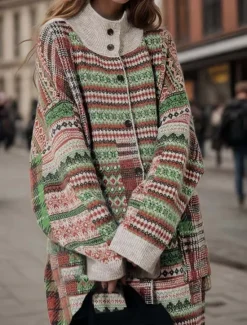 Online Women's Long Cardigan Collared Knit Pocket Fall Winter Outdoor Cool Stylish Vintage Style Long Sleeve Geometric Striped Women Cardigans & Outerwears