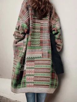 Online Women's Long Cardigan Collared Knit Pocket Fall Winter Outdoor Cool Stylish Vintage Style Long Sleeve Geometric Striped Women Cardigans & Outerwears