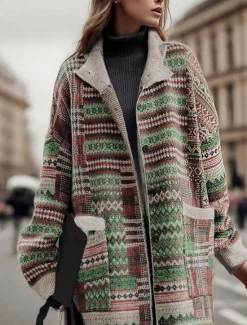 Online Women's Long Cardigan Collared Knit Pocket Fall Winter Outdoor Cool Stylish Vintage Style Long Sleeve Geometric Striped Women Cardigans & Outerwears