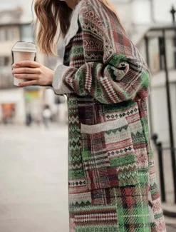 Online Women's Long Cardigan Collared Knit Pocket Fall Winter Outdoor Cool Stylish Vintage Style Long Sleeve Geometric Striped Women Cardigans & Outerwears