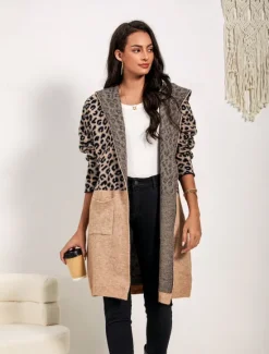 Best Women's Long Cardigan Leopard Print Open Front Knit Patchwork Knitted Fall Winter Going out Fashion Streetwear Daily Long Sleeve Animal Women Cardigans & Outerwears