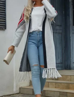 Sale Women's Long Cardigan Open Front Knit Tassel Fall Winter Outdoor Going out Weekend Fashion Daily Long Sleeve Geometric Black Camel Women Cardigans & Outerwears
