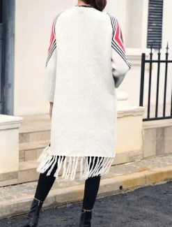 Sale Women's Long Cardigan Open Front Knit Tassel Fall Winter Outdoor Going out Weekend Fashion Daily Long Sleeve Geometric Black Camel Women Cardigans & Outerwears