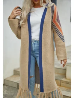 Sale Women's Long Cardigan Open Front Knit Tassel Fall Winter Outdoor Going out Weekend Fashion Daily Long Sleeve Geometric Black Camel Women Cardigans & Outerwears