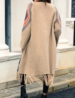 Sale Women's Long Cardigan Open Front Knit Tassel Fall Winter Outdoor Going out Weekend Fashion Daily Long Sleeve Geometric Black Camel Women Cardigans & Outerwears