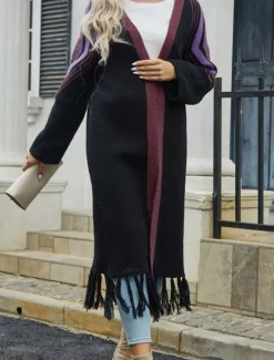 Sale Women's Long Cardigan Open Front Knit Tassel Fall Winter Outdoor Going out Weekend Fashion Daily Long Sleeve Geometric Black Camel Women Cardigans & Outerwears