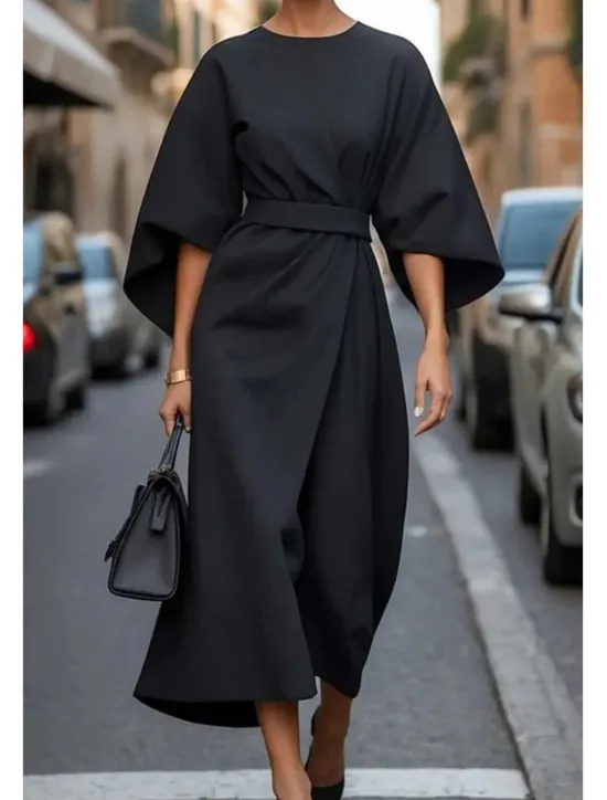 Best Women's Long Dress Maxi Dress Maxi Dress Elegant Dress Elegant Batwing Sleeve Regular Fit Solid Color 3/4 Length Sleeve Crew Neck Black Wine Purple Brown Fall Women Work Dresses
