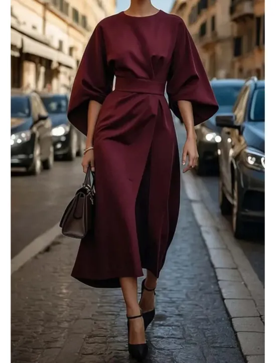 Best Women's Long Dress Maxi Dress Maxi Dress Elegant Dress Elegant Batwing Sleeve Regular Fit Solid Color 3/4 Length Sleeve Crew Neck Black Wine Purple Brown Fall Women Work Dresses