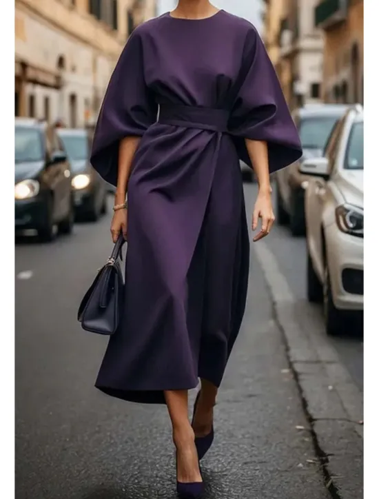 Best Women's Long Dress Maxi Dress Maxi Dress Elegant Dress Elegant Batwing Sleeve Regular Fit Solid Color 3/4 Length Sleeve Crew Neck Black Wine Purple Brown Fall Women Work Dresses