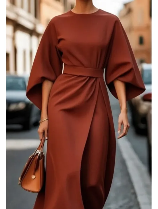 Best Women's Long Dress Maxi Dress Maxi Dress Elegant Dress Elegant Batwing Sleeve Regular Fit Solid Color 3/4 Length Sleeve Crew Neck Black Wine Purple Brown Fall Women Work Dresses