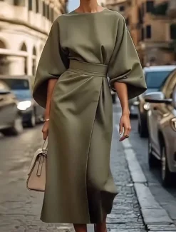 Best Women's Long Dress Maxi Dress Maxi Dress Elegant Dress Elegant Batwing Sleeve Regular Fit Solid Color 3/4 Length Sleeve Crew Neck Black Wine Purple Brown Fall Women Work Dresses