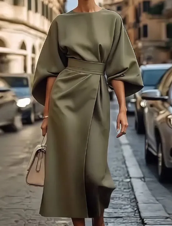 Best Women's Long Dress Maxi Dress Maxi Dress Elegant Dress Elegant Batwing Sleeve Regular Fit Solid Color 3/4 Length Sleeve Crew Neck Black Wine Purple Brown Fall Women Work Dresses