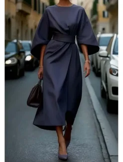 Best Women's Long Dress Maxi Dress Maxi Dress Elegant Dress Elegant Batwing Sleeve Regular Fit Solid Color 3/4 Length Sleeve Crew Neck Black Wine Purple Brown Fall Women Work Dresses
