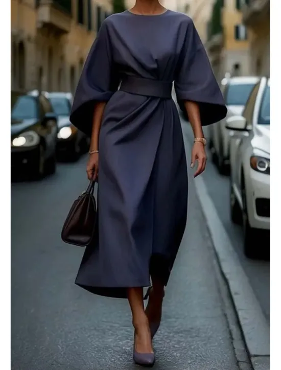 Best Women's Long Dress Maxi Dress Maxi Dress Elegant Dress Elegant Batwing Sleeve Regular Fit Solid Color 3/4 Length Sleeve Crew Neck Black Wine Purple Brown Fall Women Work Dresses