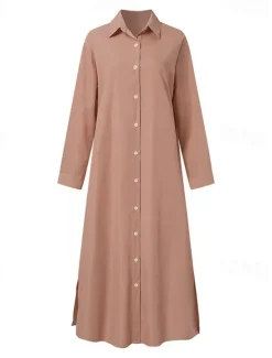 Best Women's Long Dress Maxi Dress Linen-Inspired Dresses Shirt Dress Casual Dress Cotton Linen Dress Stylish Casual Vacation Daily Date Regular Fit Plain Long Sleeve Lapel Pink Navy Blue Brown Summer Women Dresses