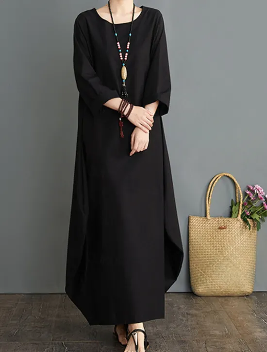 Outlet Women's Long Dress Maxi Dress Linen-Inspired Dresses White Dress Casual Dress Winter Dress Streetwear Vacation Street Loose Fit Long Sleeve Crew Neck Black White Red Blue Fall Winter Women Dresses