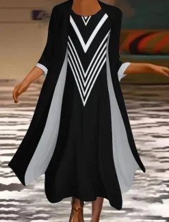 Women's Long Dress Maxi Dress Dress Set Two Piece Dress Church Dress Vacation Casual Winter Dress Holiday Date Loose Fit Color Block Long Sleeve Crew Neck Fall Winter Women Work Dresses
