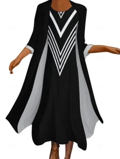 Women's Long Dress Maxi Dress Dress Set Two Piece Dress Church Dress Vacation Casual Winter Dress Holiday Date Loose Fit Color Block Long Sleeve Crew Neck Fall Winter Women Work Dresses