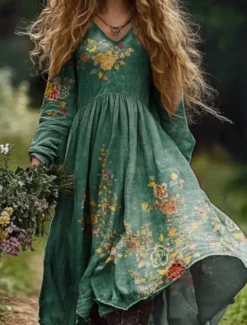 New Women's Long Dress Maxi Dress Casual Dress Summer Dress Boho Dress Tribal Vacation Daily Regular Fit Floral Long Sleeve V Neck Light Green Navy Blue Dark Green Emerald Green Summer Women Floral Dresses