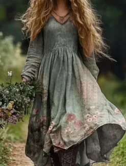 New Women's Long Dress Maxi Dress Casual Dress Summer Dress Boho Dress Tribal Vacation Daily Regular Fit Floral Long Sleeve V Neck Light Green Navy Blue Dark Green Emerald Green Summer Women Floral Dresses
