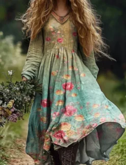 New Women's Long Dress Maxi Dress Casual Dress Summer Dress Boho Dress Tribal Vacation Daily Regular Fit Floral Long Sleeve V Neck Light Green Navy Blue Dark Green Emerald Green Summer Women Floral Dresses